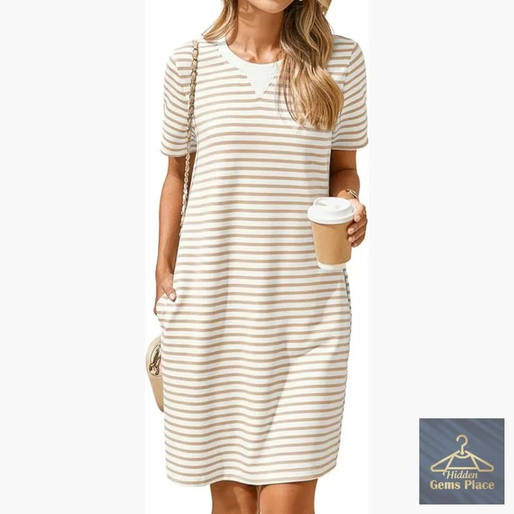 Knee-Length Shift Dress with Pockets, Striped, Short Sleeve, Casual Summer